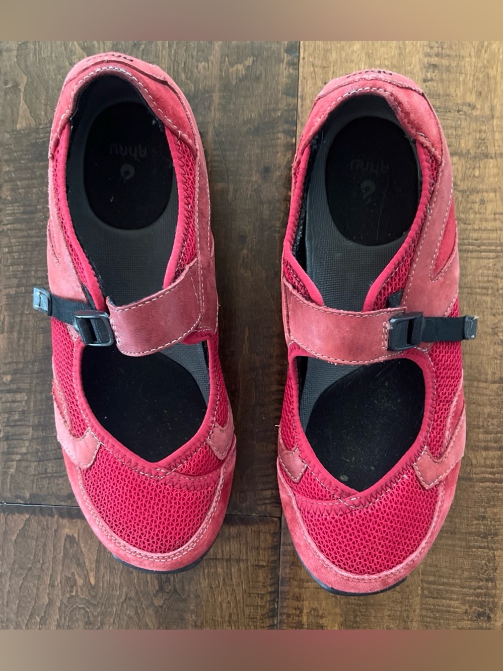 Ahnu Kick Mary Jane red suede and mesh walking athletic ballet flat sneakers